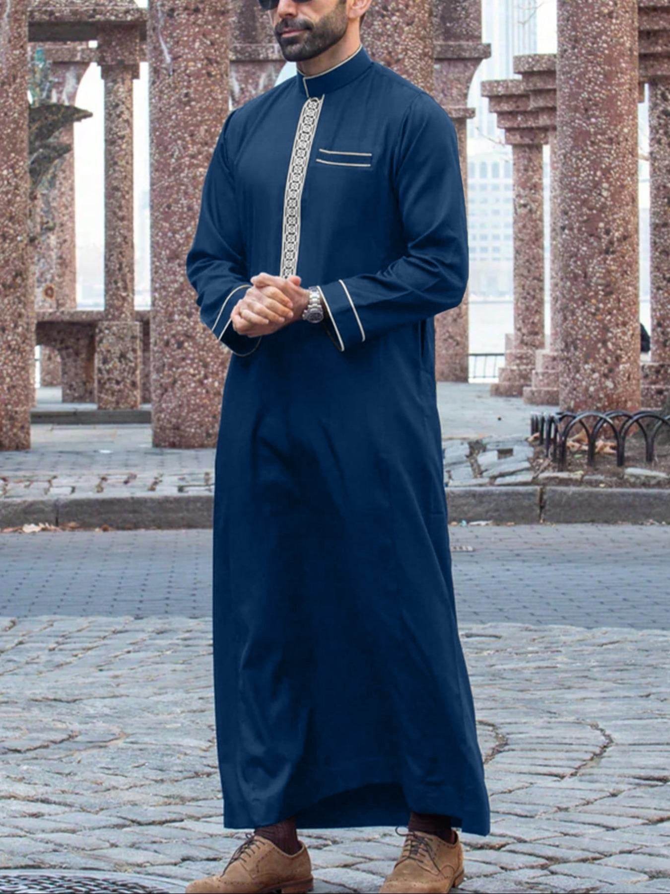 Buycenter Men's Long Sleeve Casual Ethnic Robe - Embroidered Plaid Design - Buy Center US
