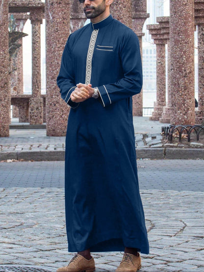 Buycenter Men's Long Sleeve Casual Ethnic Robe - Embroidered Plaid Design - Buy Center US
