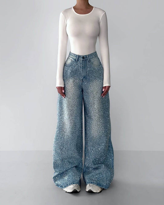 Vintage Irregular Rhinestone Jeans - Slightly Elastic, Full-Length Fit - Buy Center US