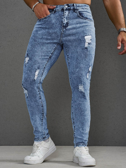 Men's Skinny-Fit Distressed Denim Jeans - Light Blue Ripped Casual Pants - Buy Center US