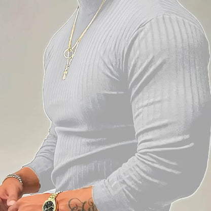 Solid Stripe Knit Turtle Neck T-shirt - Comfy Long Sleeve for Men's Fitness - Buy Center US