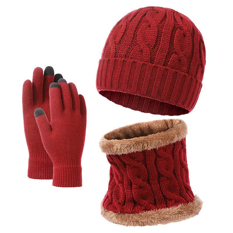 Warm Knitted Hat Scarf Gloves Set - Dark Red, Navy Blue, Black, Brown - Buy Center US