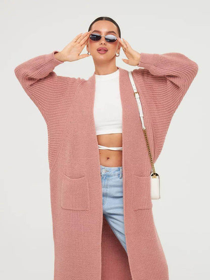 Women's Long Knitted Cardigan - Buckle-Free Loose Fit Coat, Solid Colors - Buy Center US