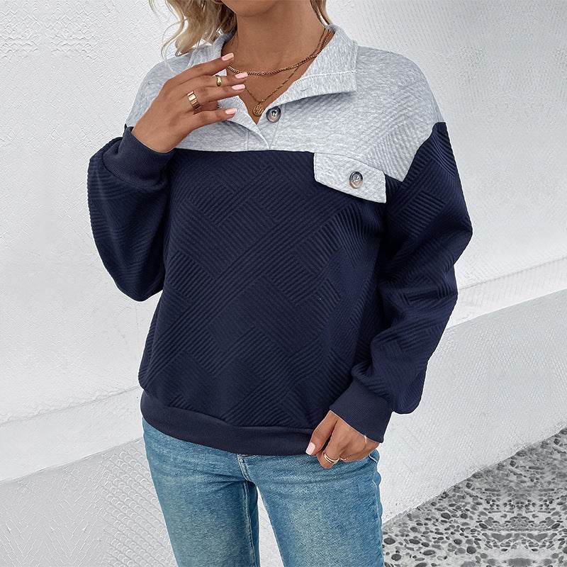 Women's Long-Sleeved Lapel Sweater - Color Matching in Dark Blue - Buy Center US