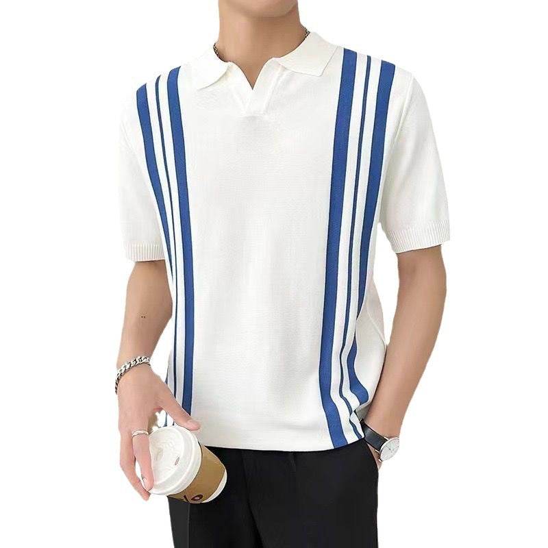 Men's Slim Lapel T-Shirt - Mixed Color Stripe for Summer Style - Buy Center US