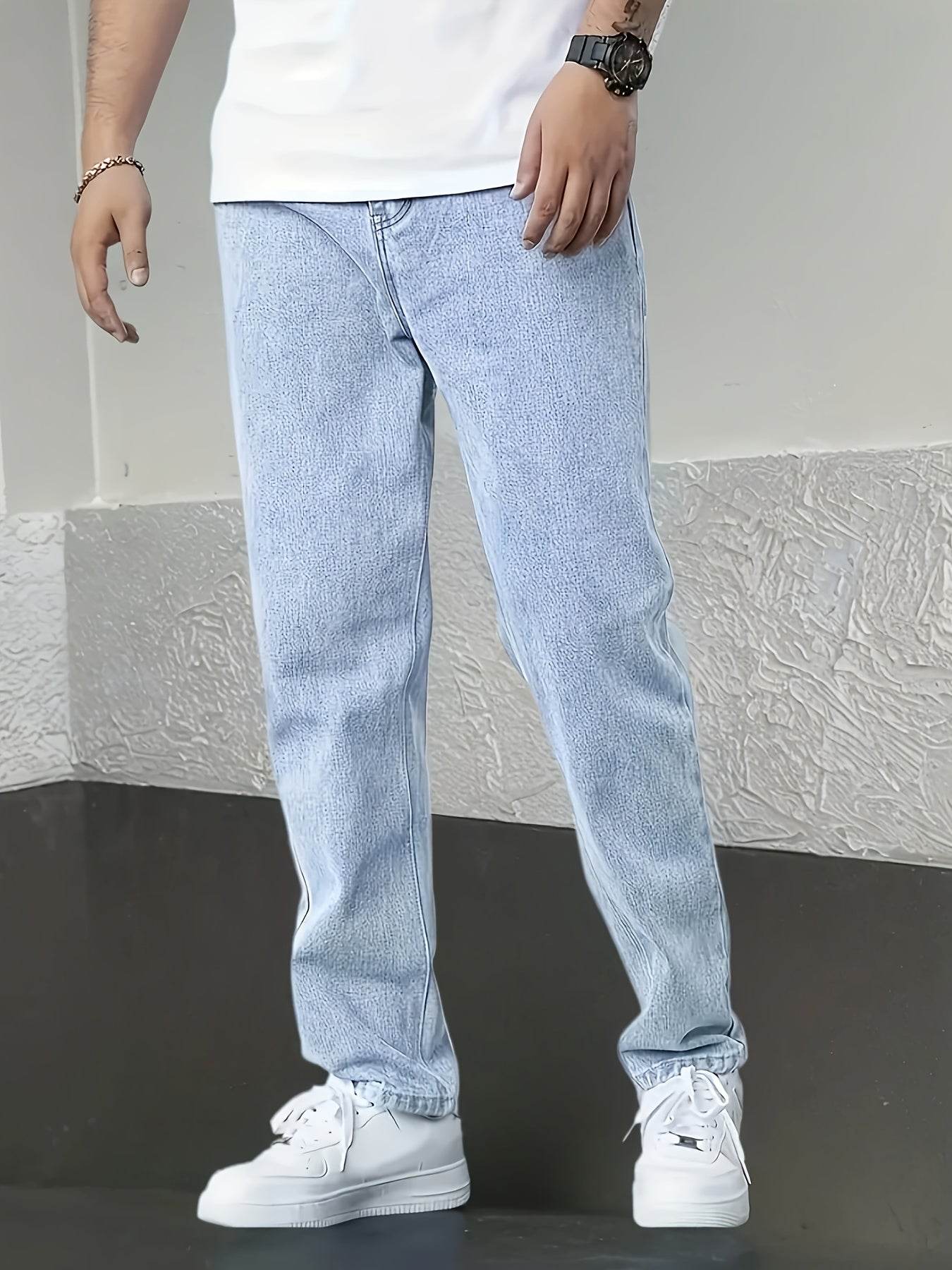Men's Denim Jeans - Fashionable Light Blue Straight-Leg Style with Pockets - Buy Center US