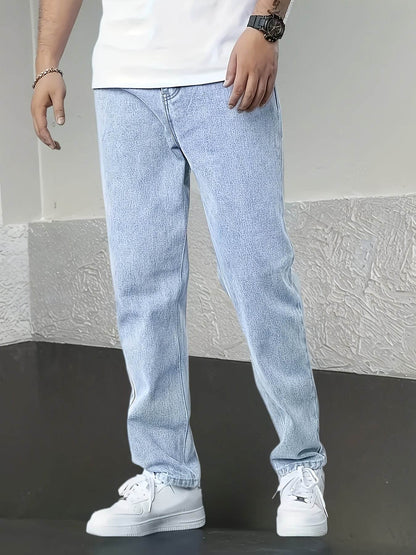 Men's Denim Jeans - Fashionable Light Blue Straight-Leg Style with Pockets - Buy Center US