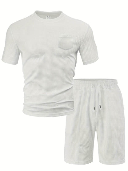 Casual Men's Sports Outfit - Waffle Henley T-Shirt & Stylish Beach Shorts - Buy Center US