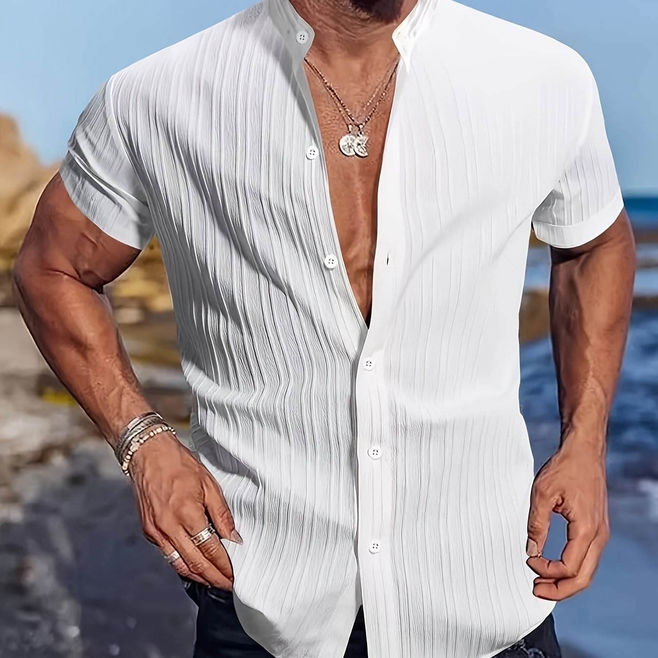 Men's Casual Striped Short Sleeve Shirt - Mandarin Collar Summer Top - Buy Center US
