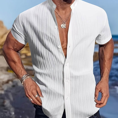 Men's Casual Striped Short Sleeve Shirt - Mandarin Collar Summer Top - Buy Center US