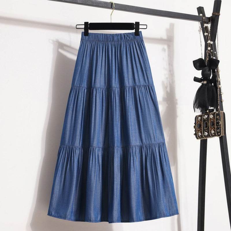 All-Match Ice Silk Denim Skirt for Women - Elastic Waist, A-Line Design - Buy Center US