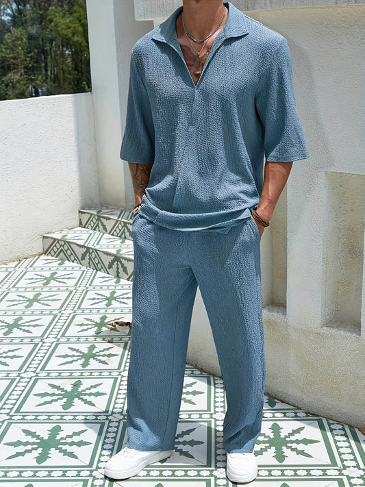 Men's Casual Two-Piece Suit - Short Sleeve Drop Shoulder Summer Style - Buy Center US