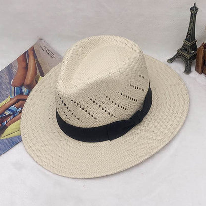 Buycenter Striped Bow Flat-brimmed Straw Top Hat - Adjustable Size - Buy Center US