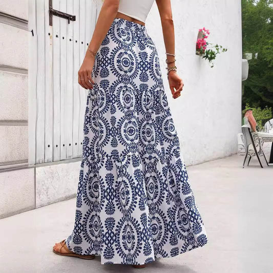 Stylish A-Line Swing Skirt - Blue and White Porcelain Print, Sizes S-XL - Buy Center US