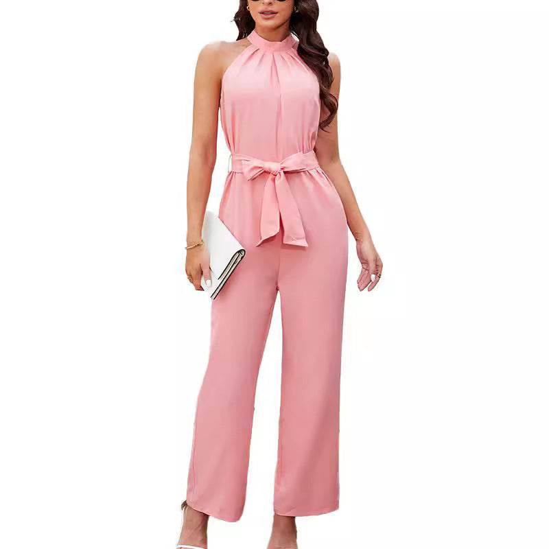 Summer Sleeveless Halter Lace Up Jumpsuit - Casual Pink Outfit for Women - Buy Center US