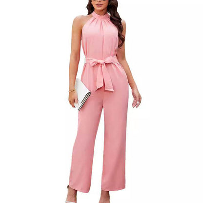 Summer Sleeveless Halter Lace Up Jumpsuit - Casual Pink Outfit for Women - Buy Center US