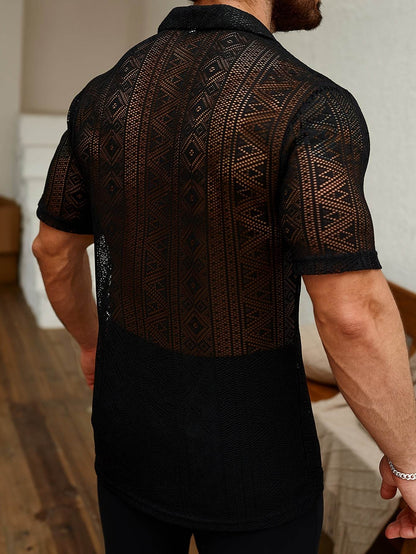 Men's Casual Lapel Button-Up Shirt - Geometric Print, Short Sleeve Summer Style - Buy Center US