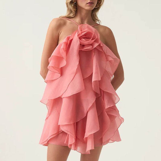 Halter Flower Design Lace-Up Dress - Asymmetric Skirt in Orange, Rose, Pink - Buy Center US