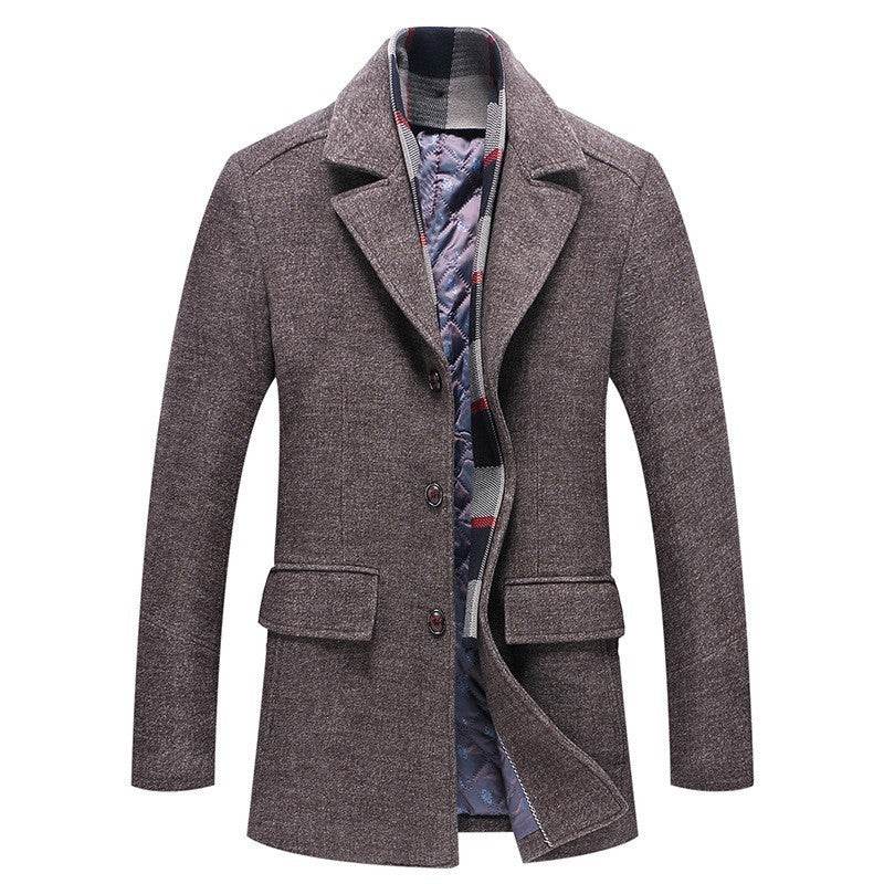 Buycenter Men's Woolen Coat with Polo Collar & Cotton Scarf - Fall Winter Style - Buy Center US
