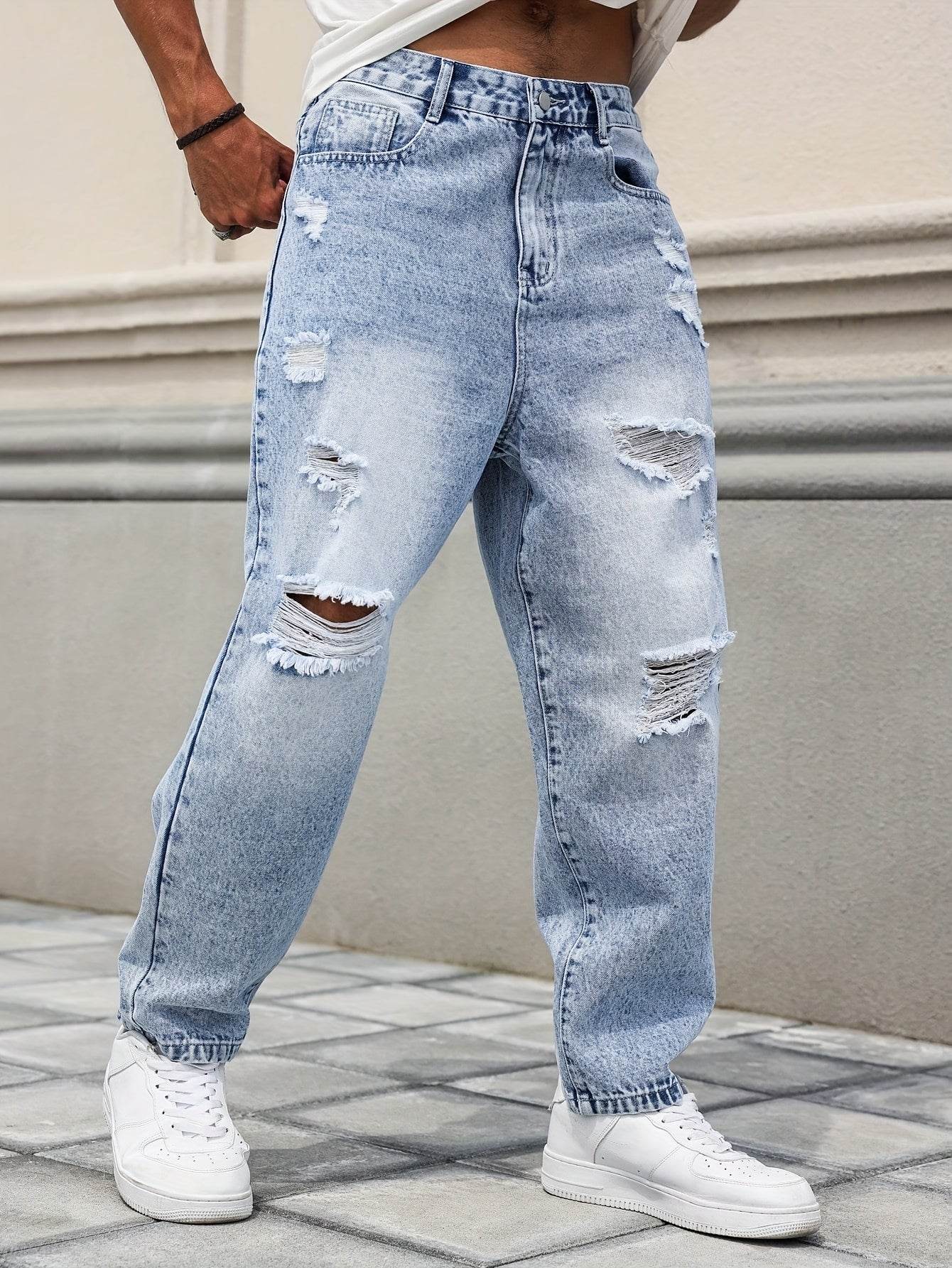 Men's Distressed Blue Denim Harem Pants - Loose Fit, Casual All-Season Wear - Buy Center US