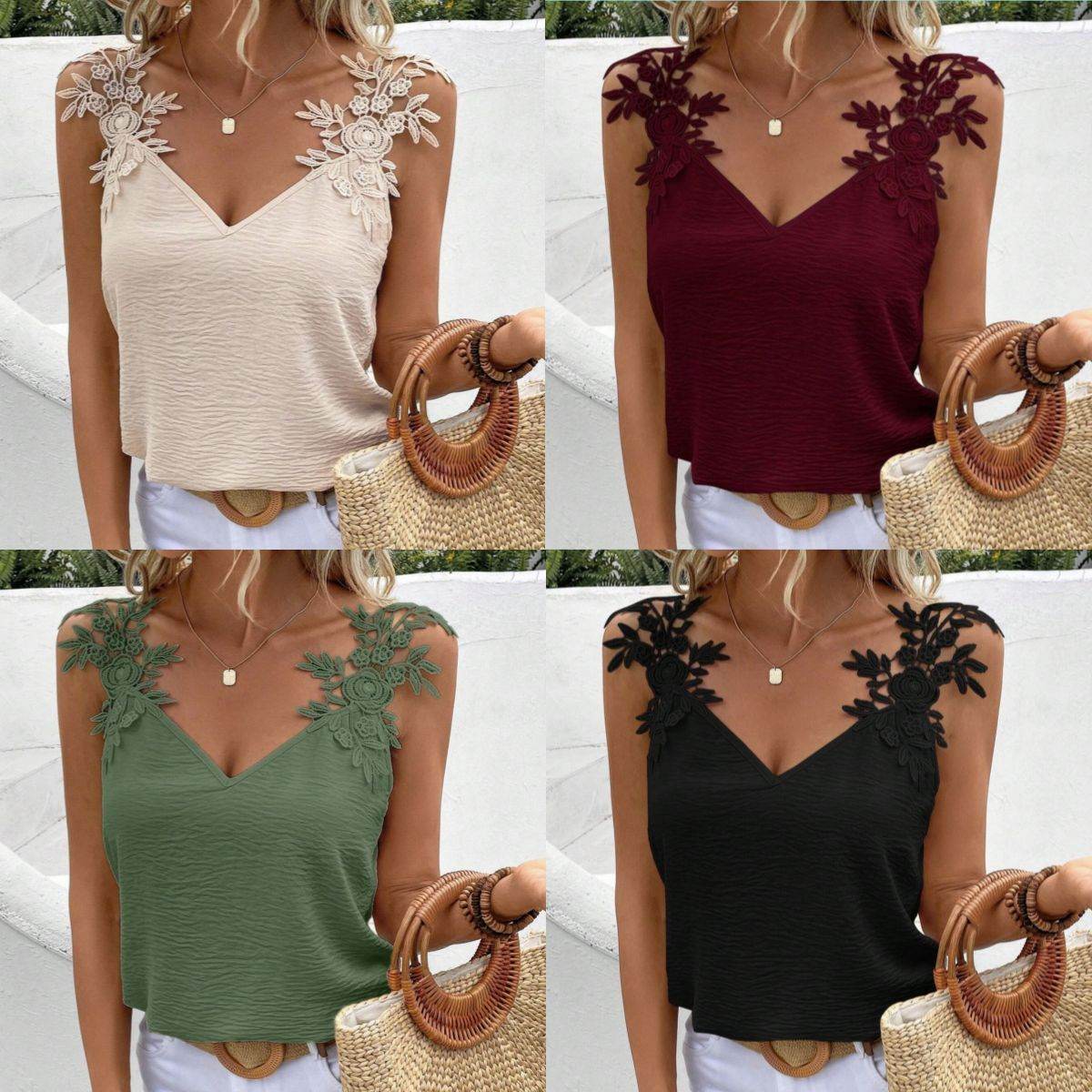 Women's Solid Color V-Neck Sling Top - Casual Patchwork Loose Fit - Buy Center US