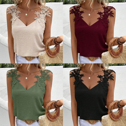 Women's Solid Color V-Neck Sling Top - Casual Patchwork Loose Fit - Buy Center US