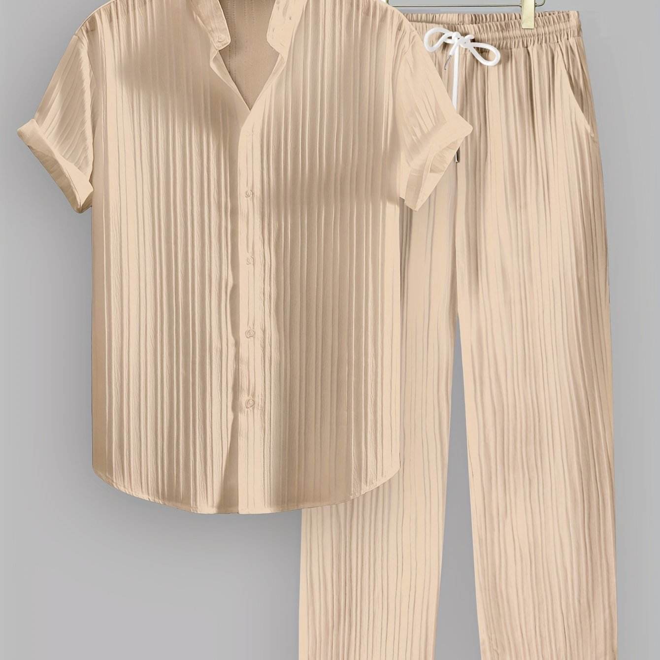 Men's Summer Casual Outfit Set - Striped Short Sleeve Shirt & Drawstring Pants - Buy Center US