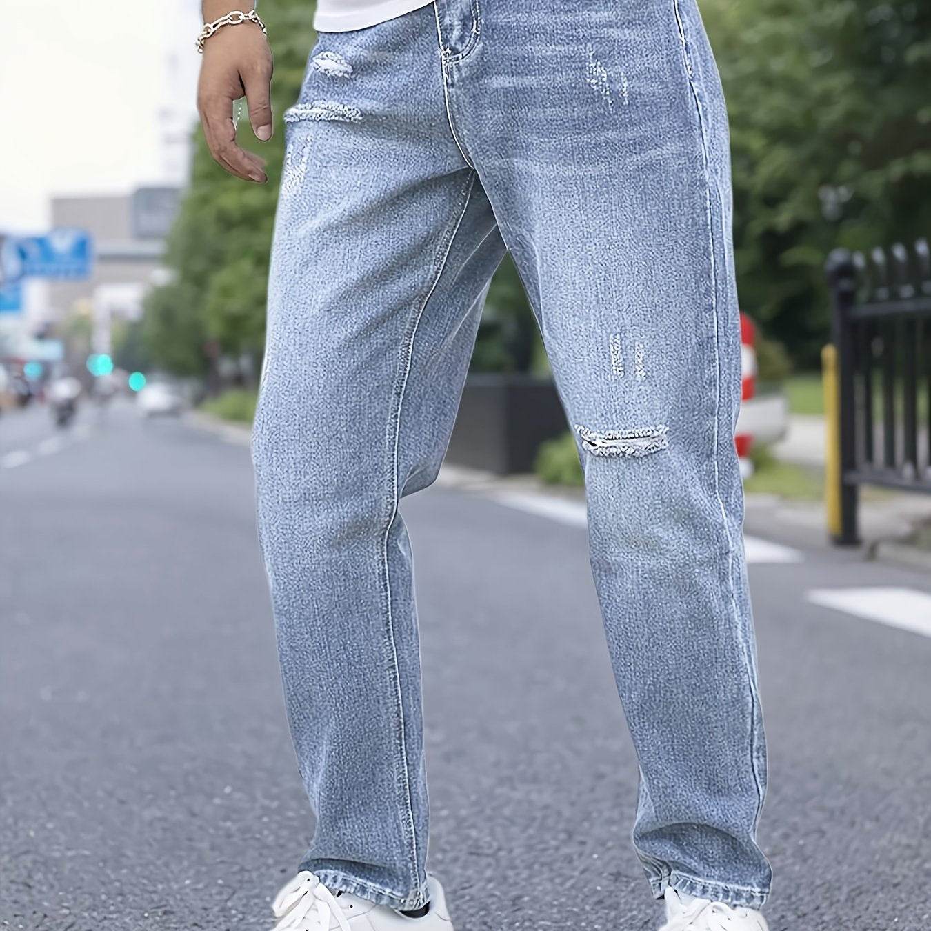 Men's Distressed Blue Jeans - Casual Loose Fit for All-Season Wear - Buy Center US