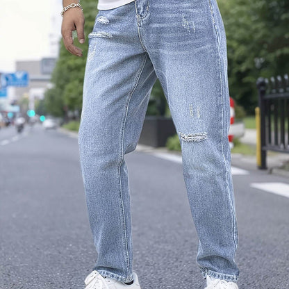 Men's Distressed Blue Jeans - Casual Loose Fit for All-Season Wear - Buy Center US