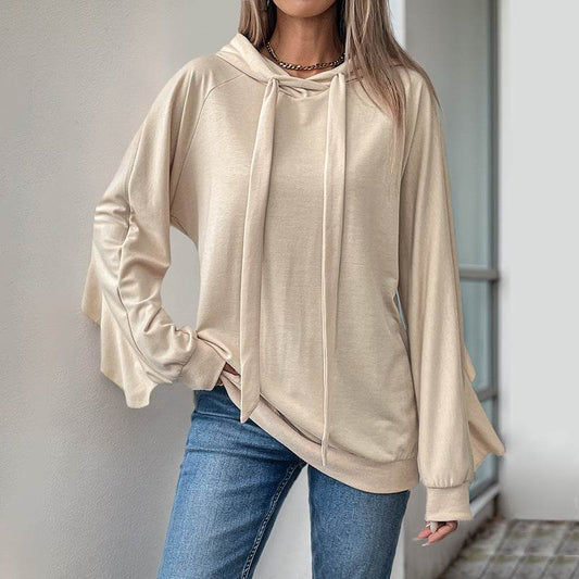 Apricot Drawstring Ruffled Hoodie - Thin Women’s Sweater, Loose Fit - Buy Center US