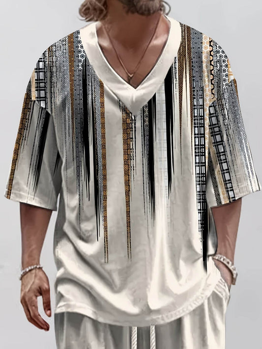 Summer Casual V-Neck 3D Printed T-Shirt & Nine-Inch Pants Set for Men - Buy Center US