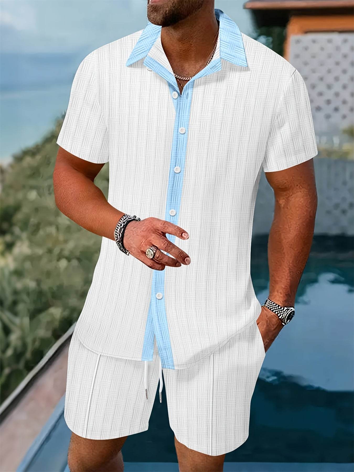Men’s Summer Jacquard Shirt & Shorts Set - Casual Sports Outfit - Buy Center US