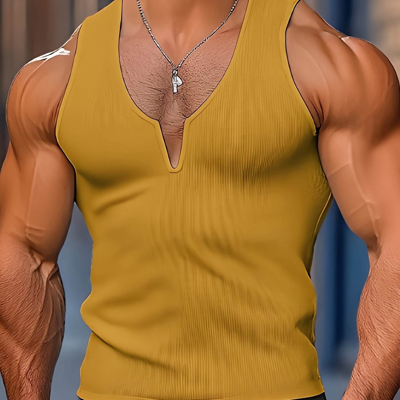 Men's V-Neck Waffle Knit Top - Stylish & Retro Casual Wear in Vibrant Yellow - Buy Center US