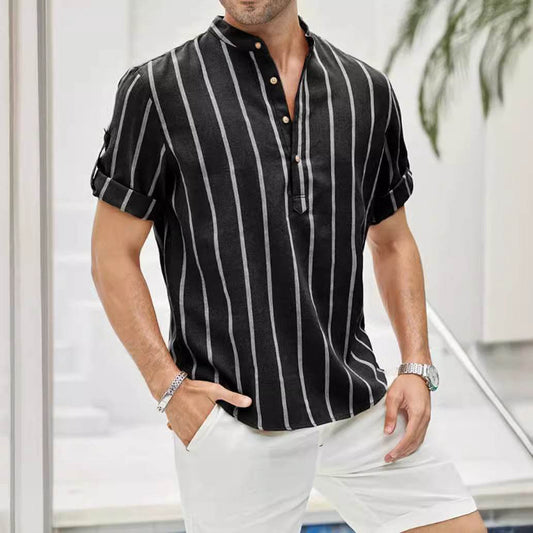Casual Summer Men's Short Sleeve Shirt - Striped Linen in Various Colors - Buy Center US