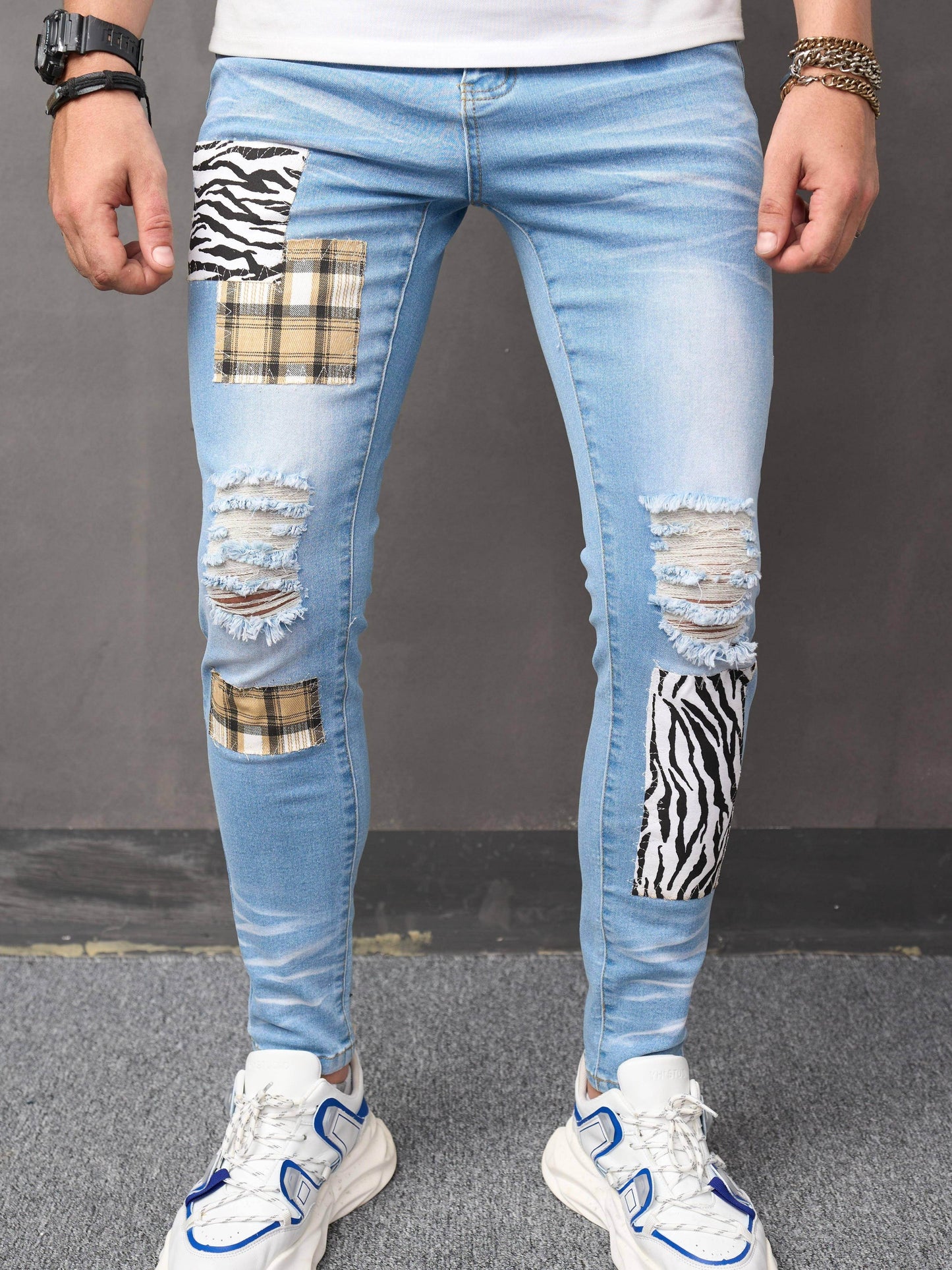 2023 Retro Distressed Knee Ripped Jeans - Light Blue Cotton Slim Fit - Buy Center US