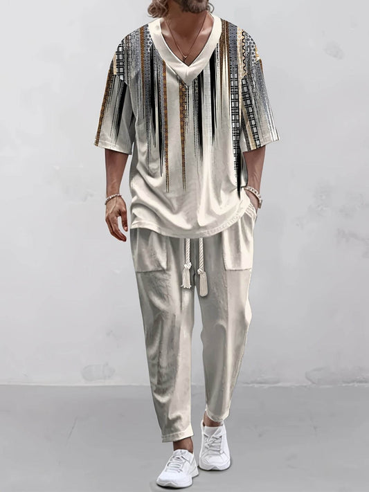 Summer Casual V-Neck 3D Printed T-Shirt & Nine-Inch Pants Set for Men - Buy Center US