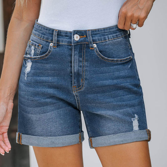 High Waist Straight Slim-fit Denim Shorts - Dark Blue, Medium Elastic - Buy Center US