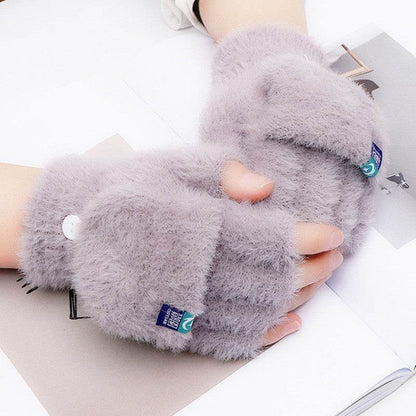 Winter Warmth Plush Gloves - Half Finger Flip Design for Students - Buy Center US