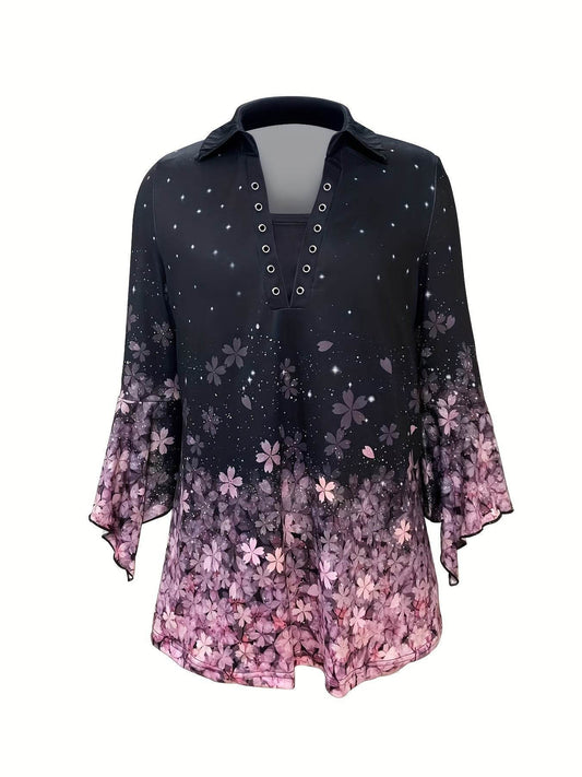 Spring & Autumn Printed Lapel T-Shirt - Three-Quarter Sleeve Button Top - Buy Center US