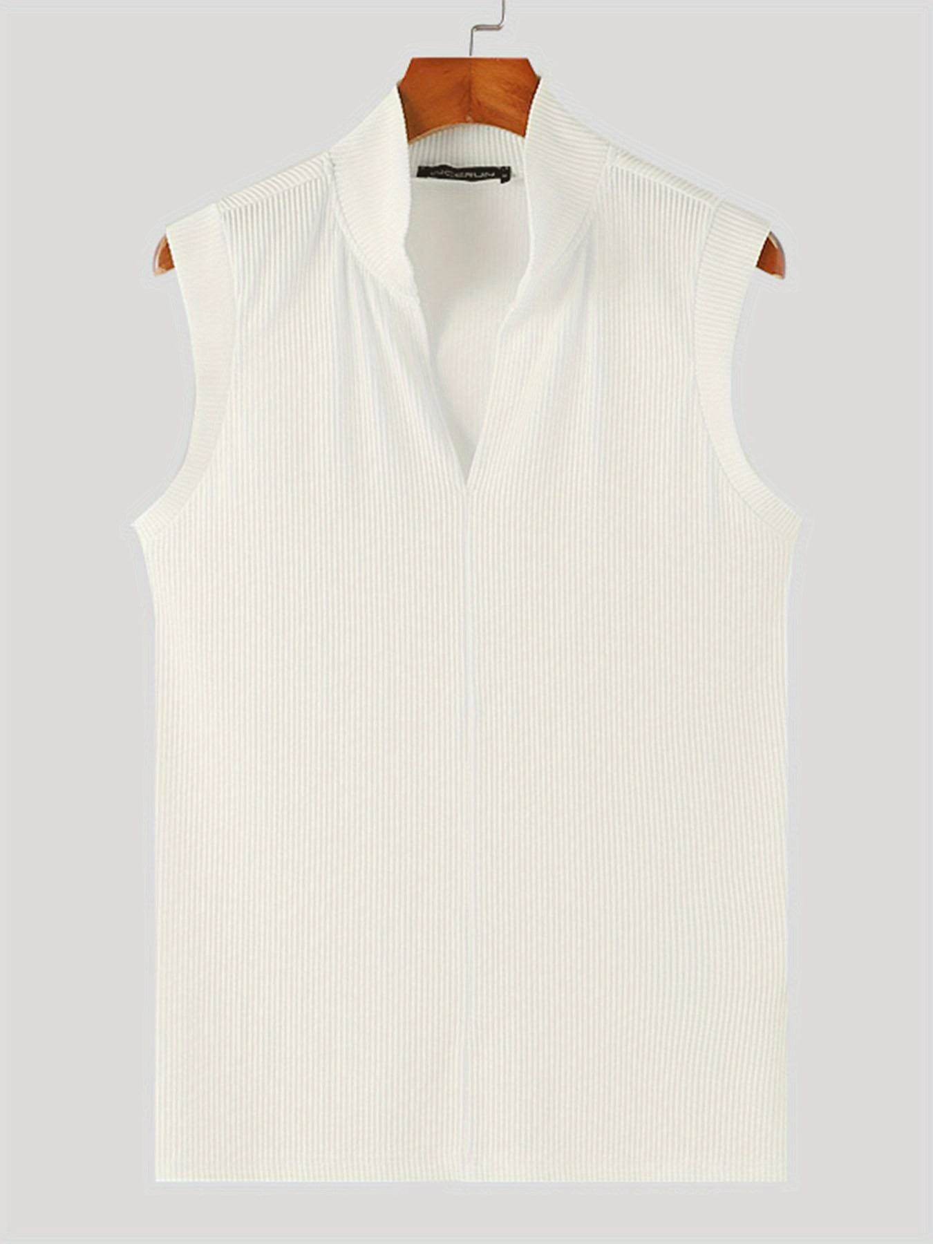 Men's Sleeveless Knit Tank Top - White V-Neck, Slim Fit Casual Wear - Buy Center US