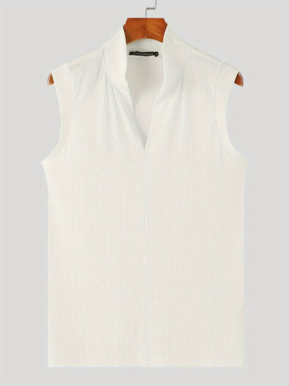 Men's Sleeveless Knit Tank Top - White V-Neck, Slim Fit Casual Wear - Buy Center US