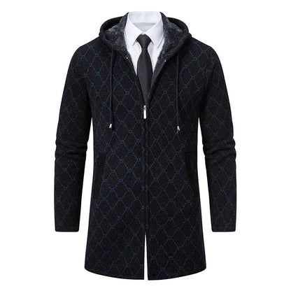 Buycenter Men's Casual Hooded Coat - Mid-Length Plaid Sweater Jacket - Buy Center US