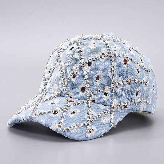 Ripped Denim Baseball Cap - Leopard Rhinestone Fashion for All Seasons - Buy Center US