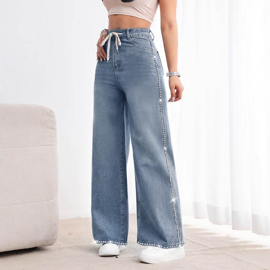 Retro Wide Leg Beaded Jeans - High Waist Denim Trousers for Trendy Look - Buy Center US