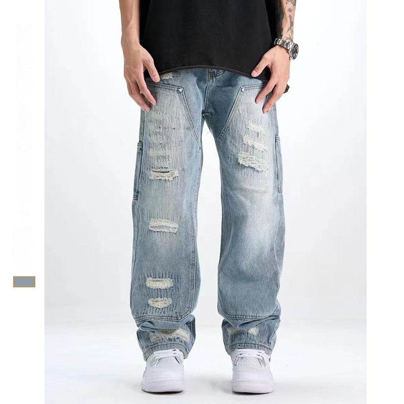 Washed & Frayed Ripped Jeans for Men - Casual Light Blue Retro Style - Buy Center US