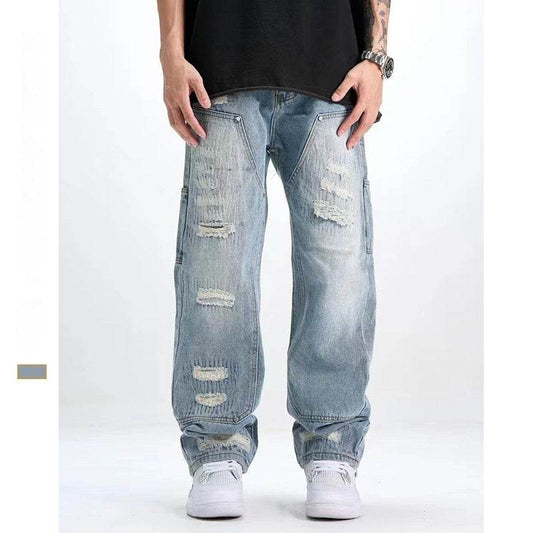 Washed & Frayed Ripped Jeans for Men - Casual Light Blue Retro Style - Buy Center US