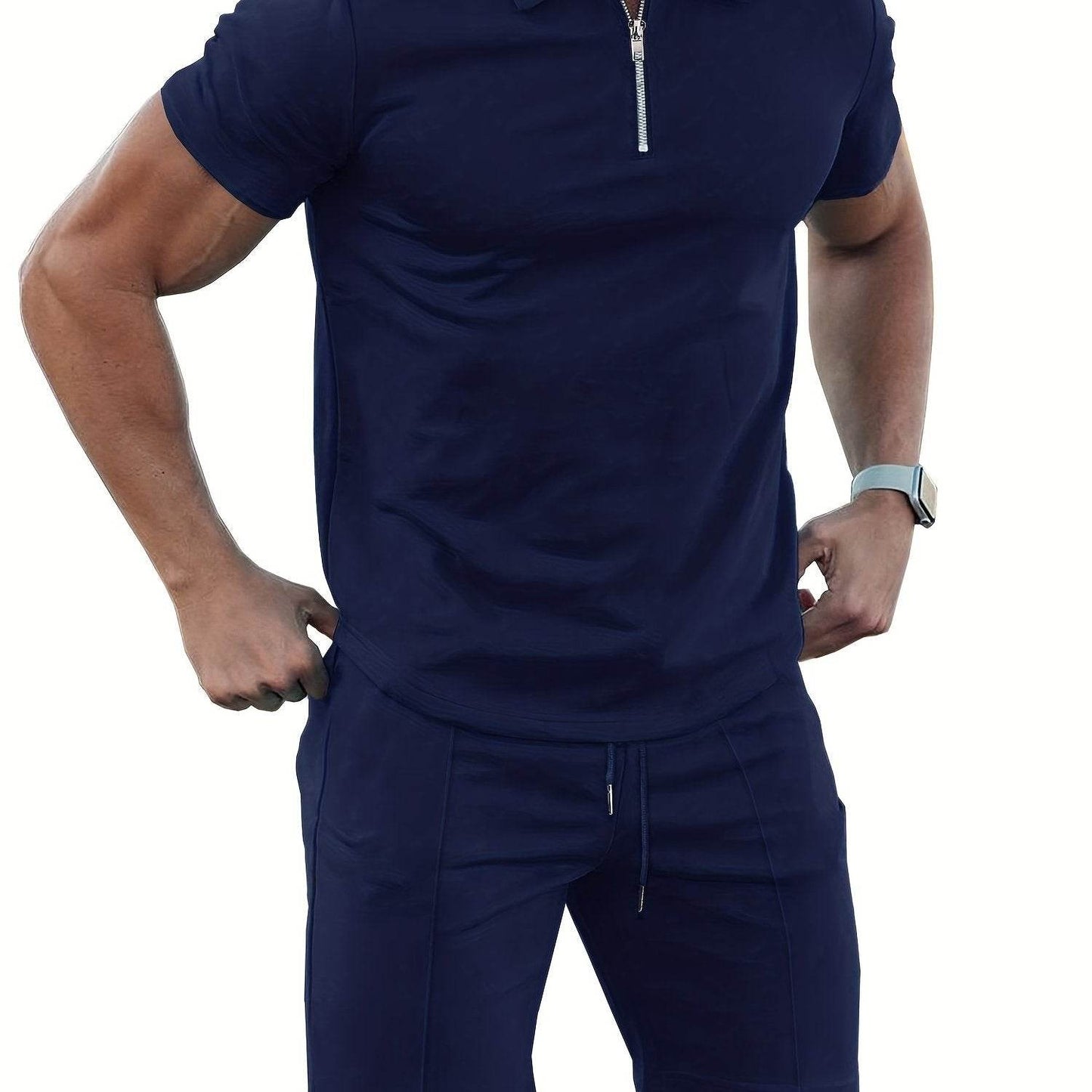 Men's 2-Piece Solid Color Sports Suit - Zip-Up Shirt & Drawstring Shorts - Buy Center US