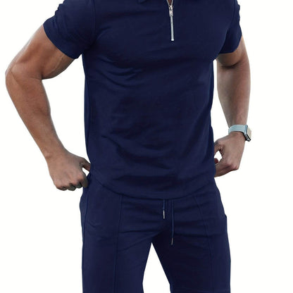 Men's 2-Piece Solid Color Sports Suit - Zip-Up Shirt & Drawstring Shorts - Buy Center US