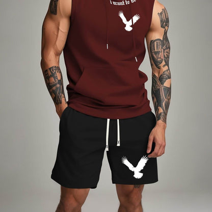 Black Sleeveless Hoodie & Shorts Set - White Bird Print, Casual Outdoor Wear - Buy Center US