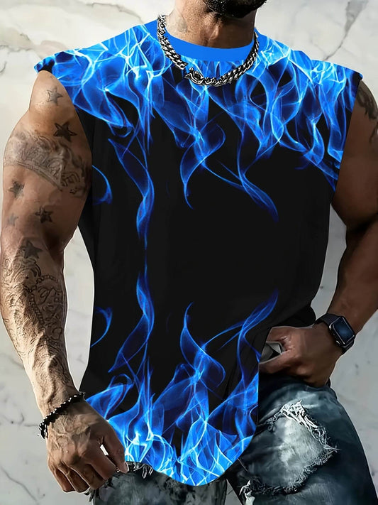 Men's Sleeveless Muscle Tank - 3D Blue Flame Print for Gym & Daily Wear - Buy Center US